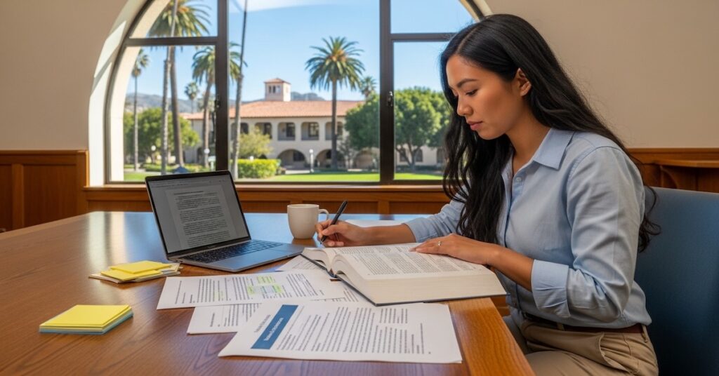 Woman studies at a wooden table with a laptop, open book, and sticky notes, sunlight streaming through a large arched window behind her.