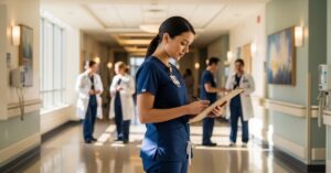 Medical social worker in navy scrubs reviewing notes on a clipboard in a busy hospital hallway