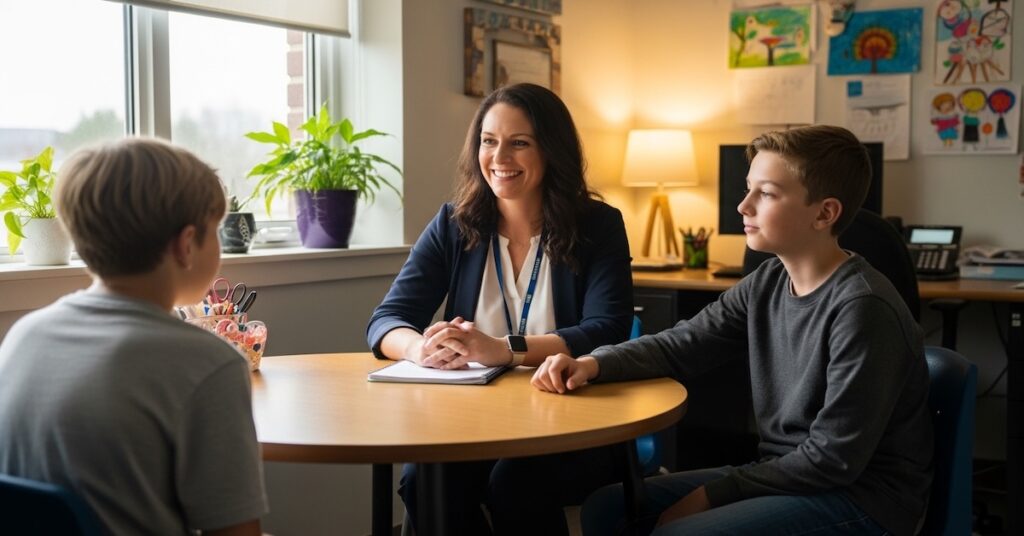 School social worker meeting with two middle school students at a round table in a welcoming school office